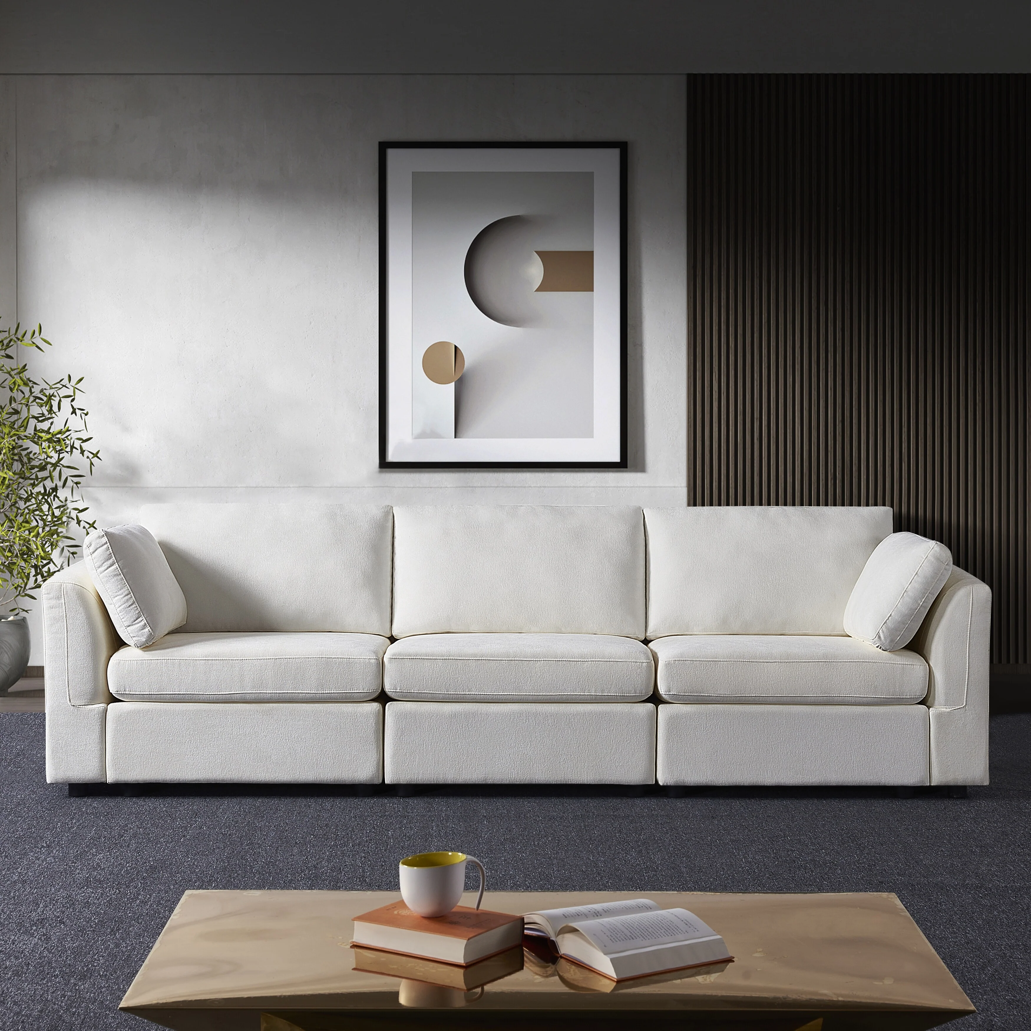 Contemporary Modular Sofa Set with Chenille Upholstery and Repositionable Ottoman for Apartment or Living Room Use