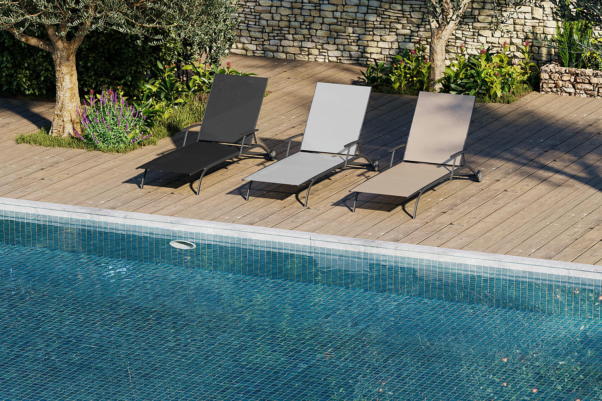 RIO - Transat multipositions à roulettes aluminium et texaline taupe