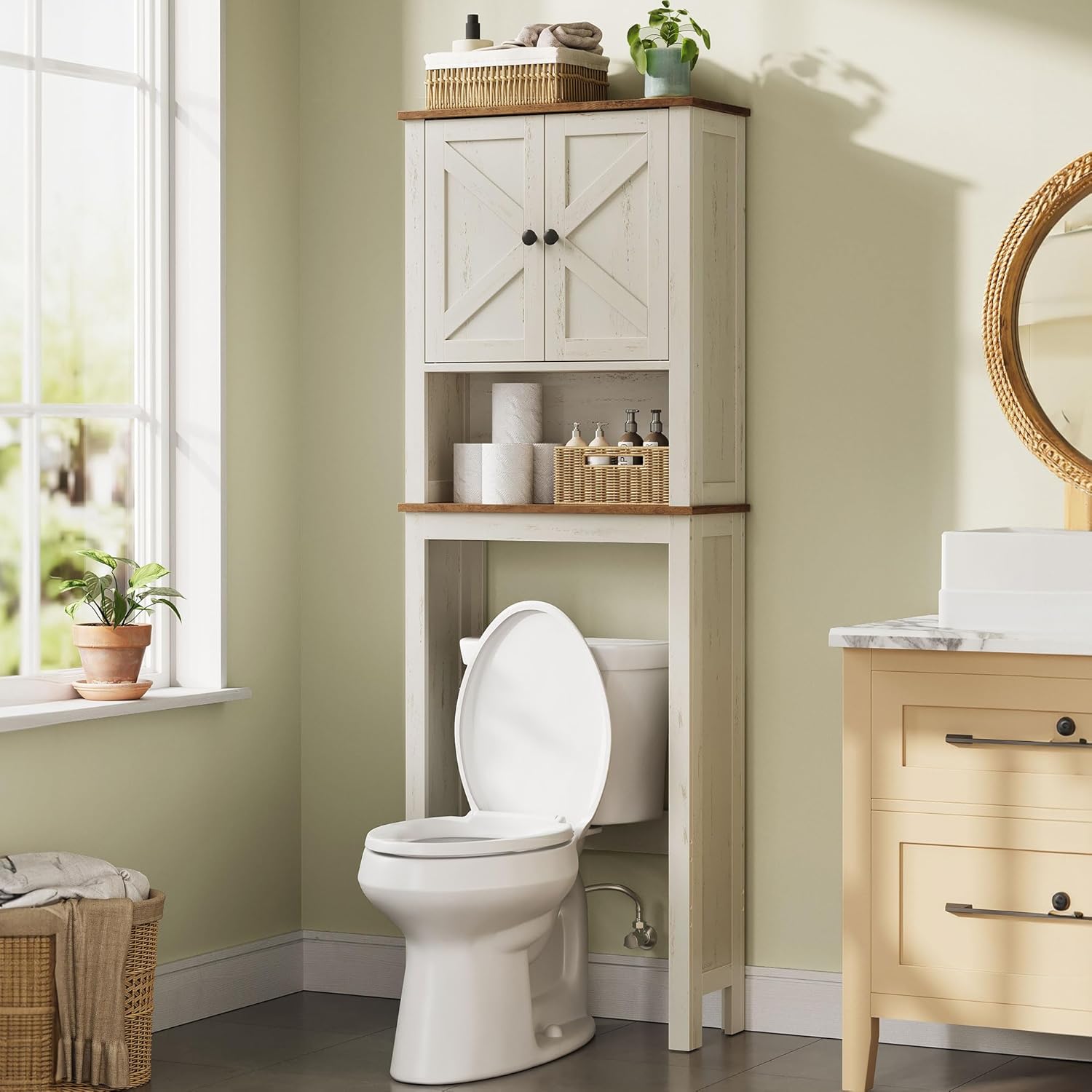 VASAGLE LIRY Collection - Over-The-Toilet Storage Cabinet, 23.6-Inch Wide Farmhouse Bathroom Organizer, with Barn Doors, Adjustable Shelf, Space-Saving, Rustic White UBTS026W01