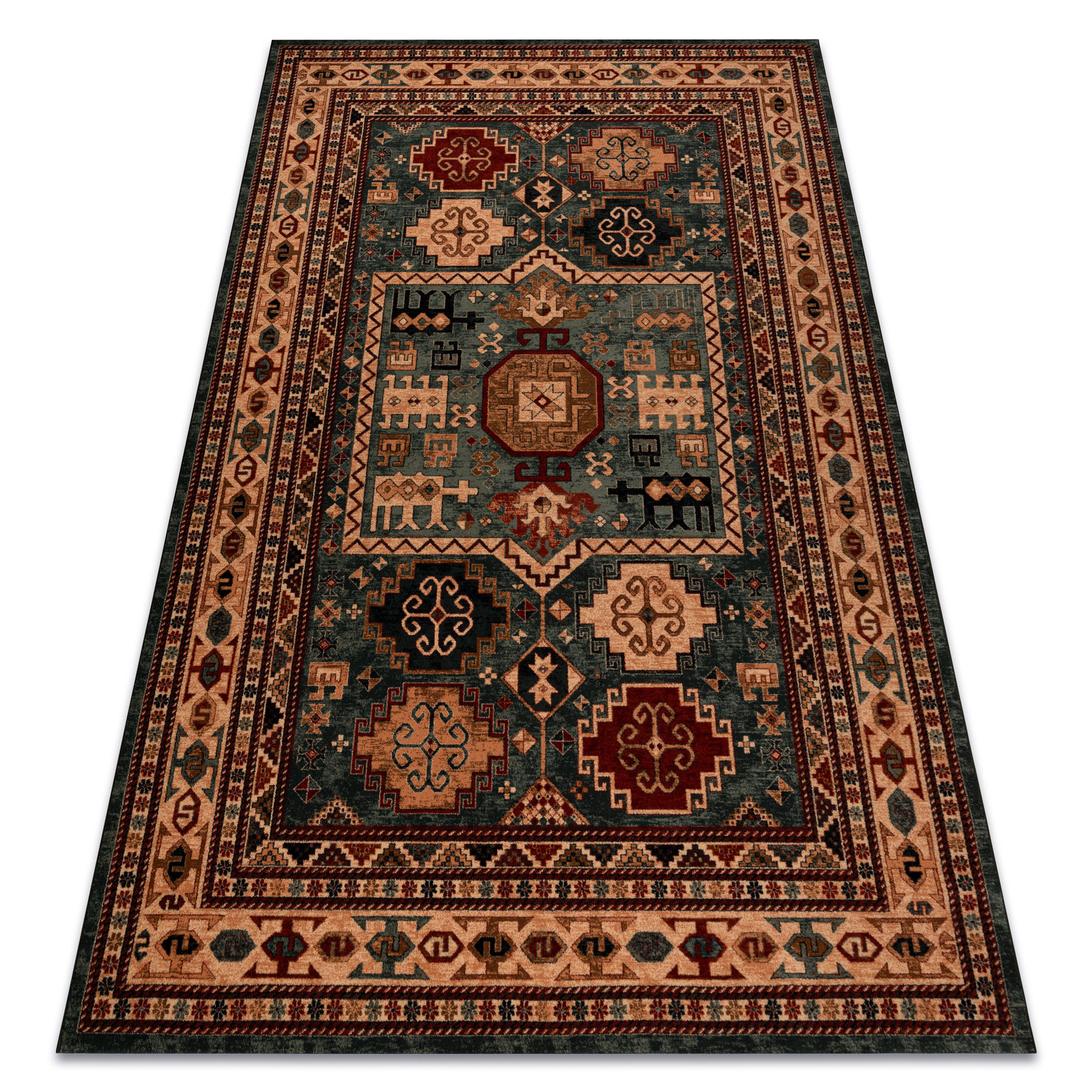 Dywan wełniany KASHQAI 4306 400 orientalny, ramka zielony / 200x300 cm