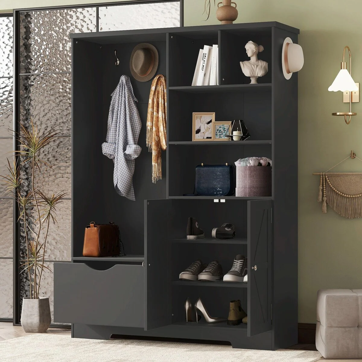 Multi-Functional Hall Tree with Storage Shelves, Drawers, and Cabinet