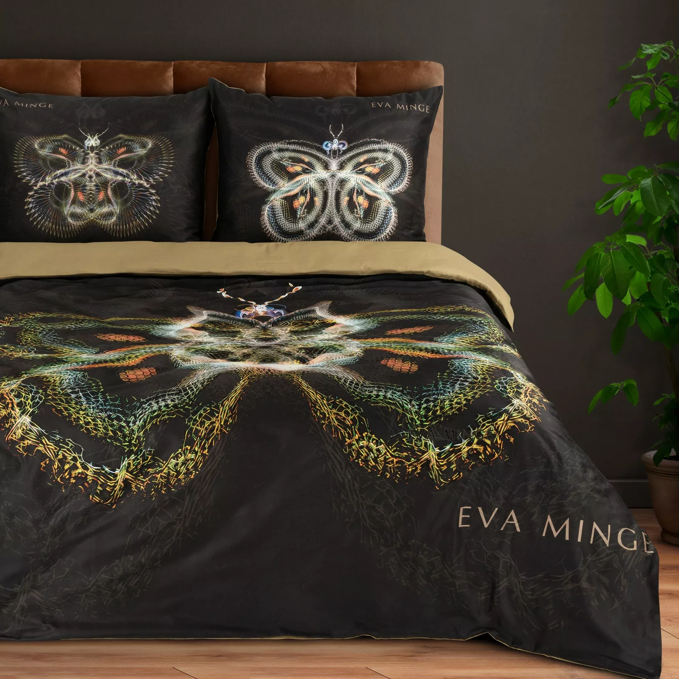 Pościel bawełniana z makostyny 220x200 cm komplet 3 częściowy kolor czarny, złoty z designerskim wzorem EVA 11 Eva Minge