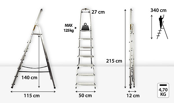 échelle de ménage en aluminium DRABEST 7 marches avec crochet, plateforme antidérapante 1 pièce.