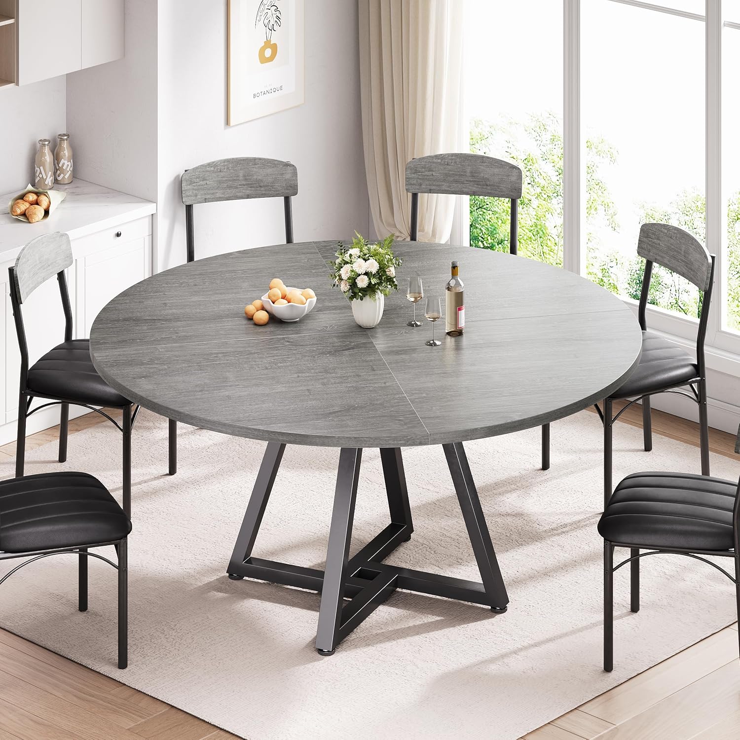 Jocoevol 51“ Round Kitchen Dining Room Table for 6-8, Circle Dining Dinner Table with Pedestal Metal Frame, Space Saving Wood Industrial Furniture for Small Space (Grey, 51In)