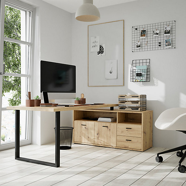 Bureau d'angle 181 cm décor chêne rustique et rangements - MANOLO