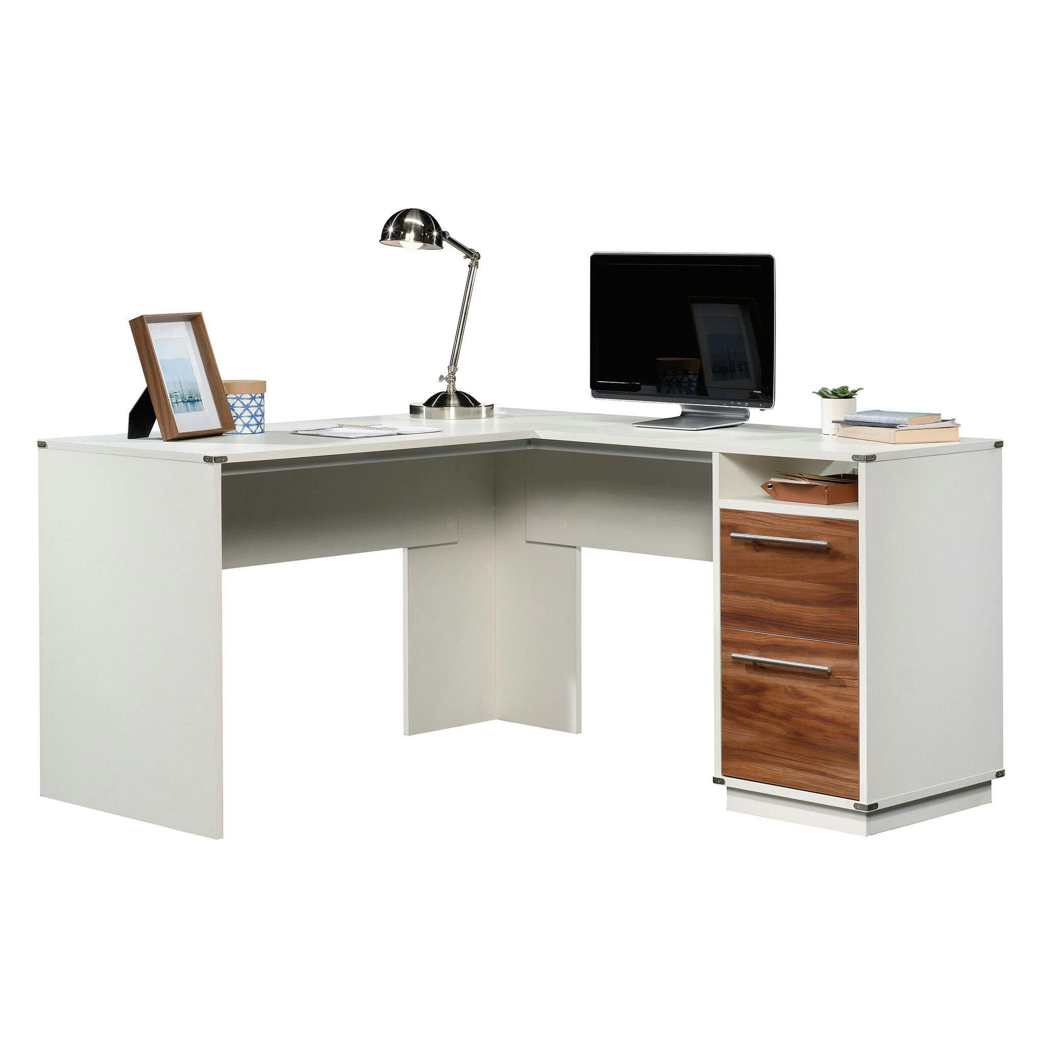 Sauder Vista Key Spacious Home Office L-Desk with Storage, Pearl Oak