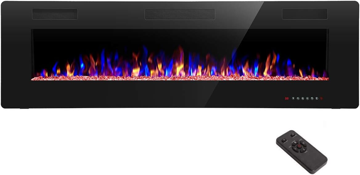 R.W.FLAME 60 Recessed and Wall Mounted Electric Fireplace, Low Noise, Fit for 2 x 6 Stud, Remote Control with Timer, Touch Screen, Adjustable Flame Color and Speed, 750-1500W