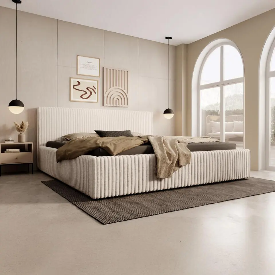 Meubella - Tweepersoonsbed Infinity - Beige Fluffy ribstof - 180x200cm