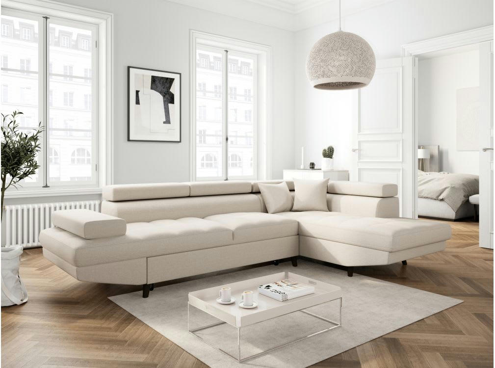RIO SCANDI - Canapé angle droit convertible, coffre en tissu - Beige - Pieds noir