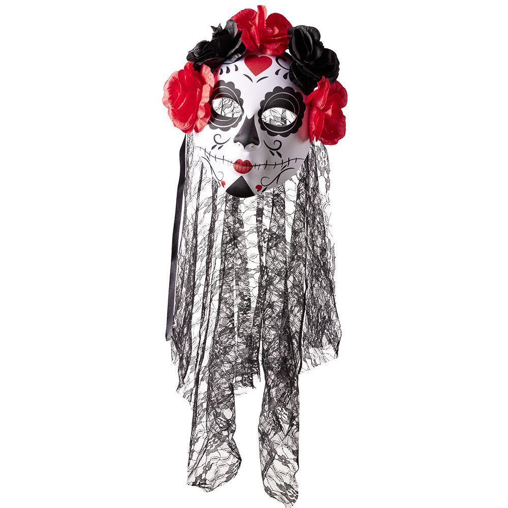 Masque squelette adulte jour des morts calavera fleur rouge et noir