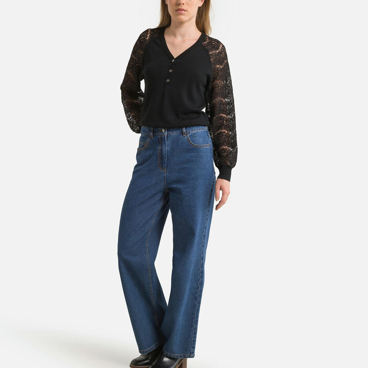Pull col V, maille ajourée