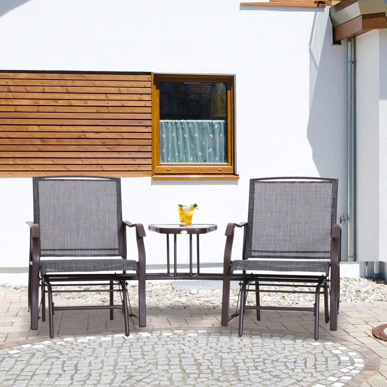 Outsunny 3-pc. Outdoor Sling Fabric Gliding Rocker Chairs w/ Table