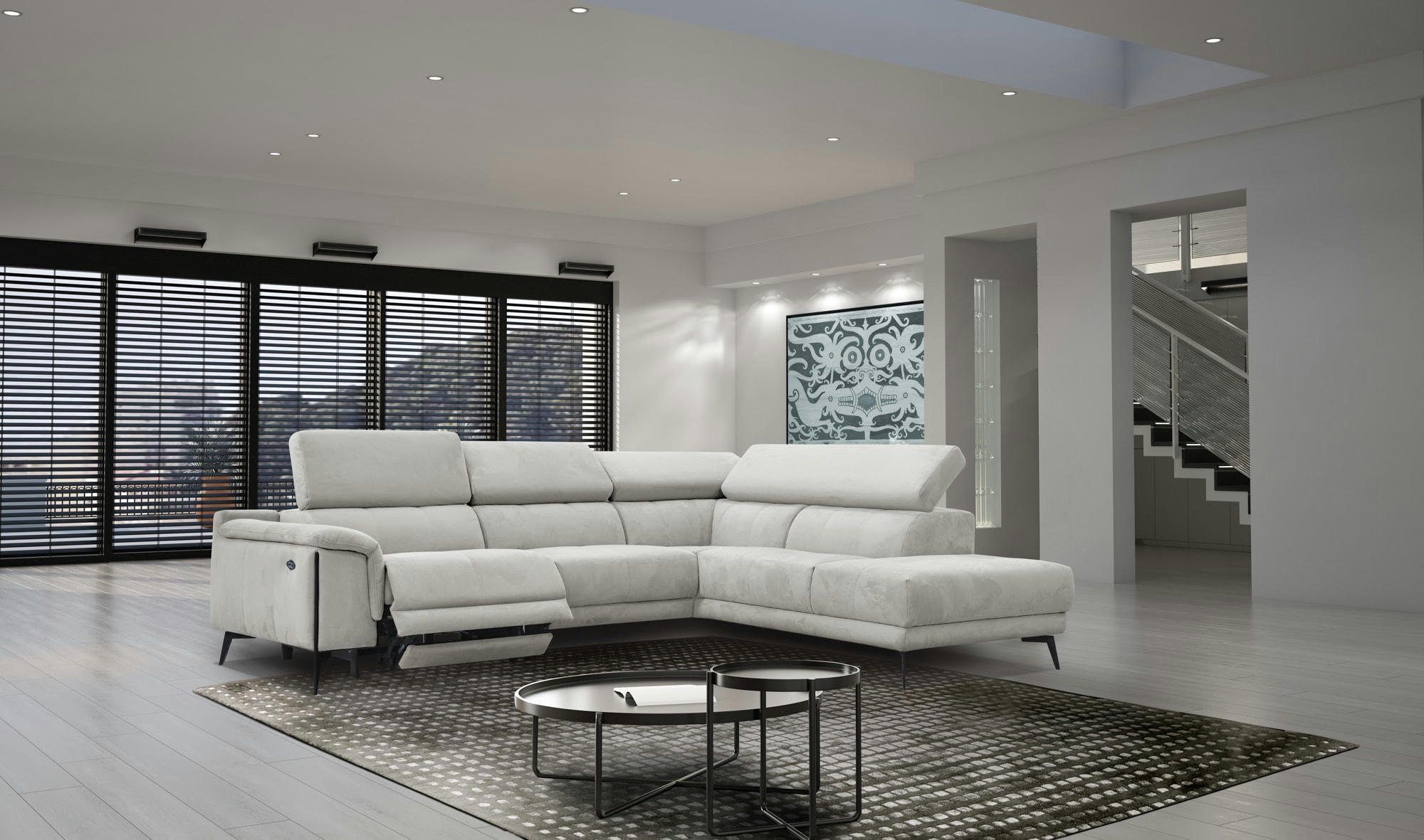 MATERA - Canapé d'angle droit 5 places avec une relax électrique, Tissu Grège