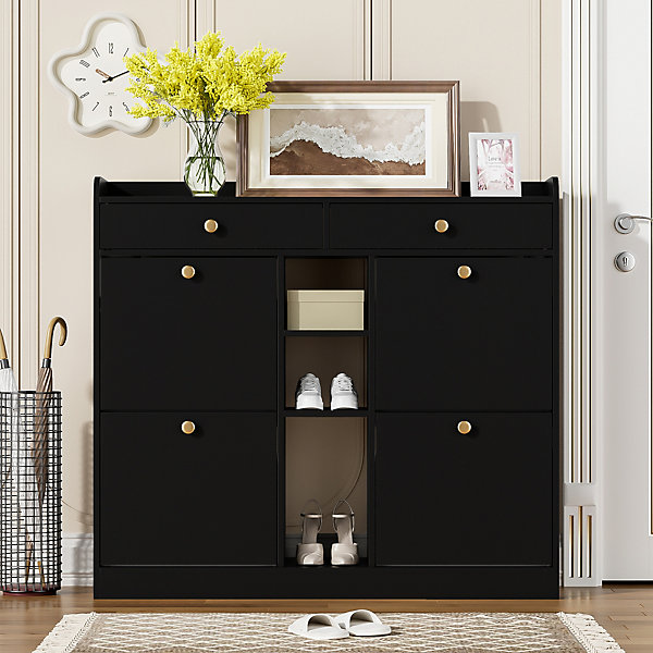 Bureau d'angle pliable 2-en-1 avec buffet, chargeur sans fil, roulettes et sécurité anti-basculement, blanc brillant, 115x27x93 cm
