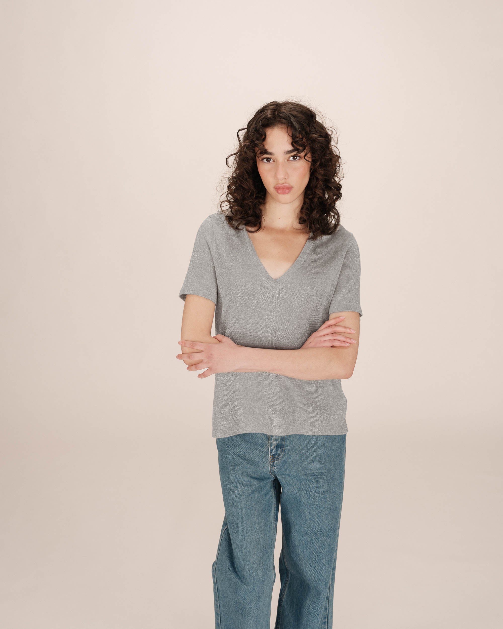 T-shirt col v en lurex gris Stardust