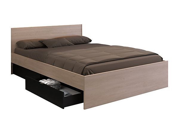 Lit avec 2 tiroirs 160 x 200 cm - Coloris : Naturel et noir - VELONA
