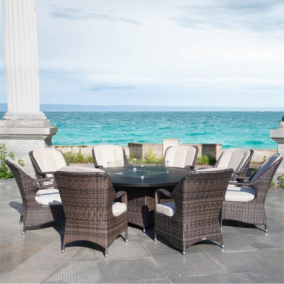 9-Piece Ellington Outdoor Wicker Round Firepit Dining Set - N/A