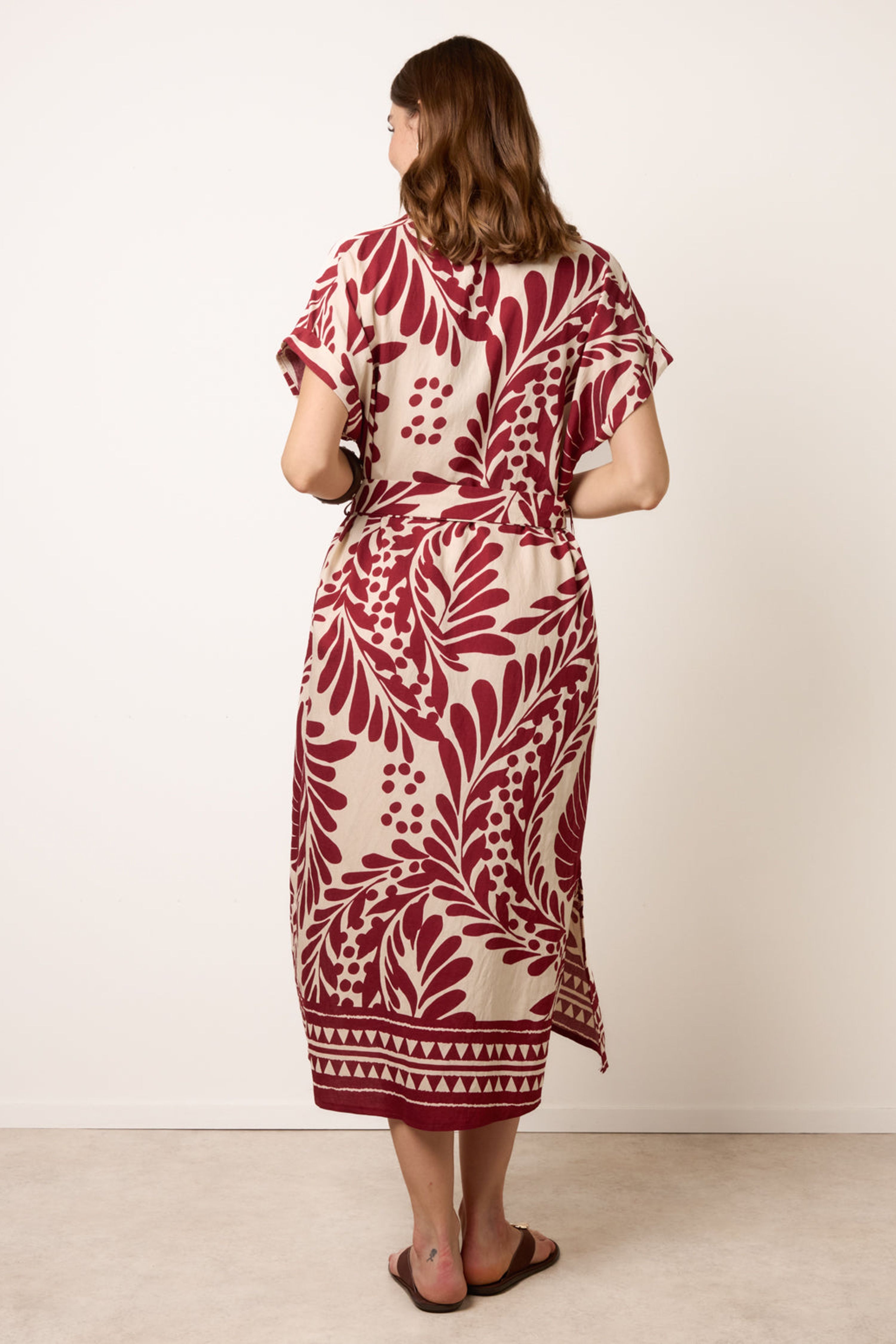 Blue Vanilla Wine Tropical Leaf Print Belted Shirt Dress