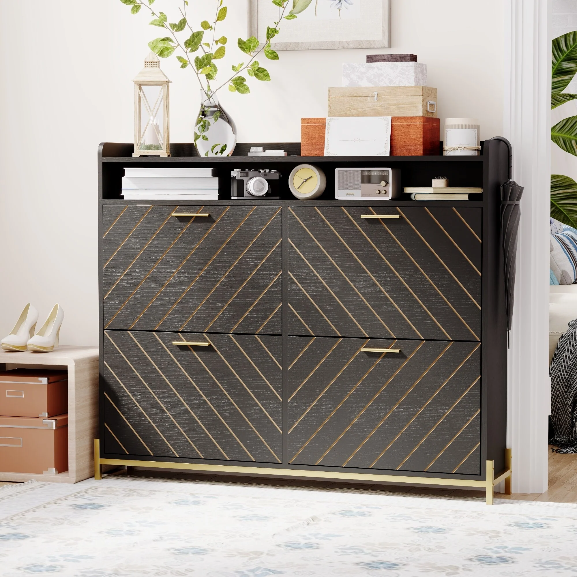 Wood Shoe Organizer Cabinet with 4 Flip Doors for Small Spaces