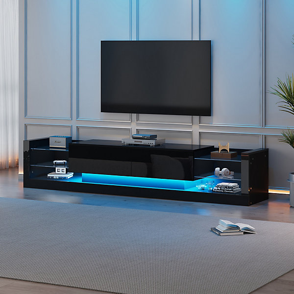 Meuble TV Noir Brillant 181 cm avec 2 Tiroirs Rabattables, éclairage LED, Façade en Verre, Panneau de Particules
