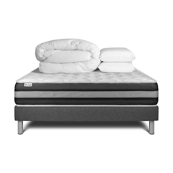 Pack sommier kit matelasRessorts ensachés et mémoire de forme avec couette et oreillers
