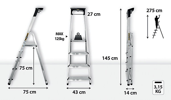 échelle domestique en aluminium DRABEST 4 marches 125 kg   éTAGÈRE 1 pc.