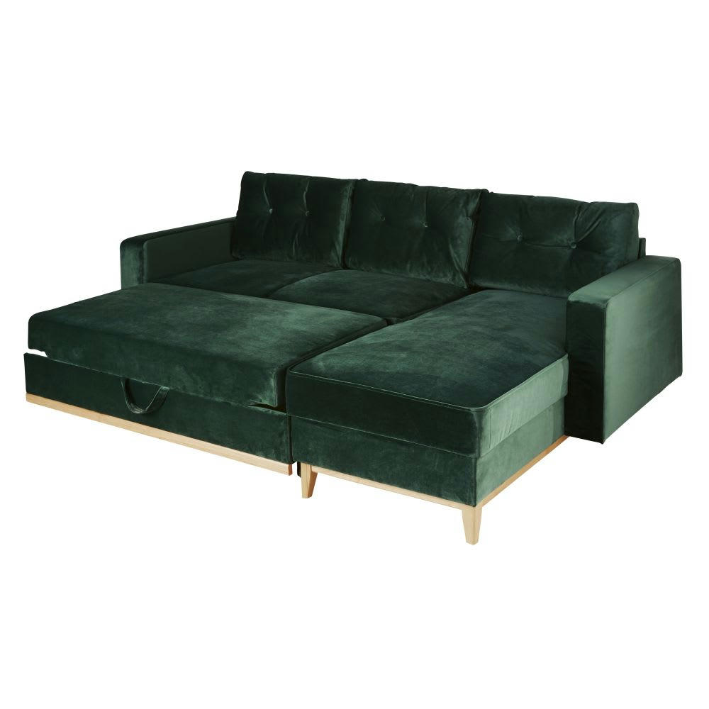 Brooke - Canapé d'angle convertible style scandinave 4/5 places en velours vert