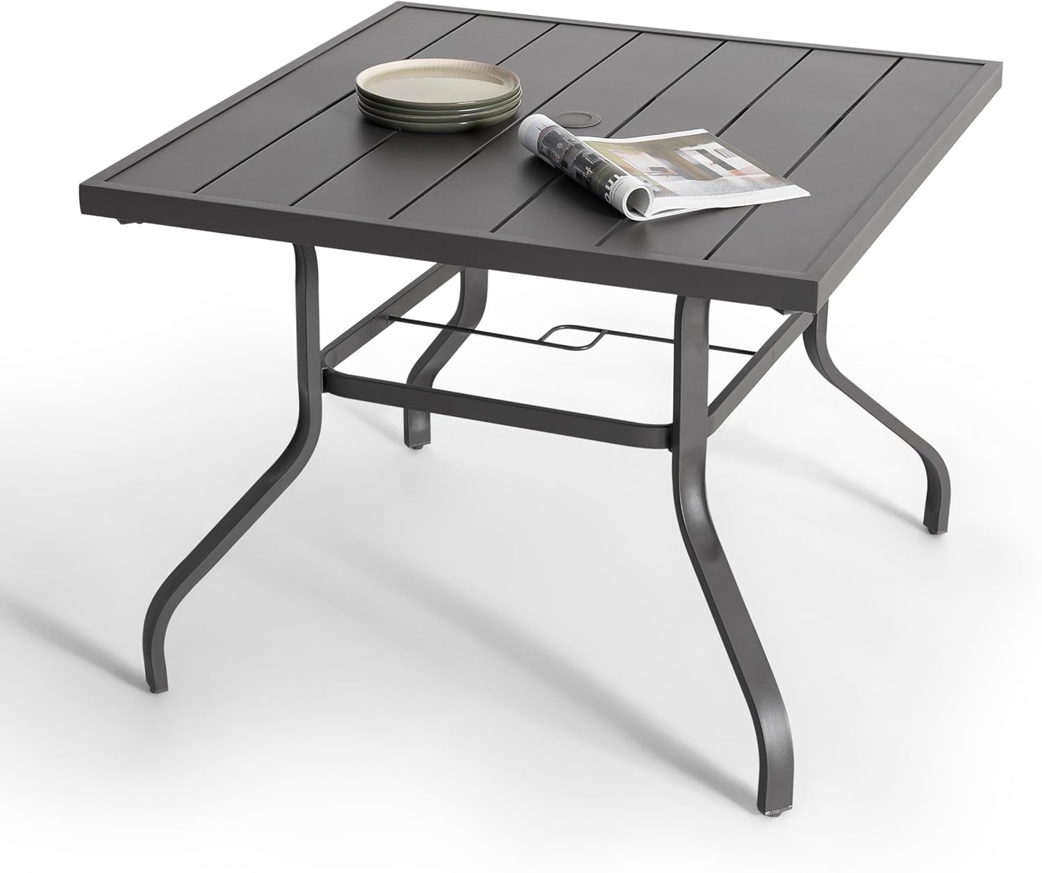 NUU GARDEN 37 Outdoor Patio Table, Square Steel Slat Dining Table for 4 with 1.57 Umbrella Hole, Powder-Coated Iron Frame and Slatted Top for Patio, Garden and Balcony, Gray