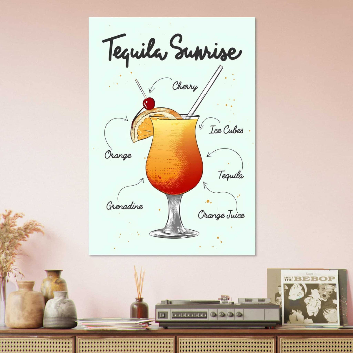 Artfulprints Tequila Sunrise cocktail – Illustratie  poster 70x100 cm