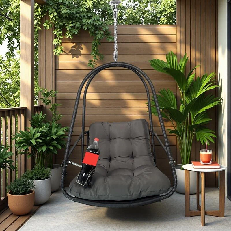 Rattan Egg Chair with Stand - Indoor/Outdoor Hanging Swing and Cushion and Cup Holder (350lb Capacity, Foldable)