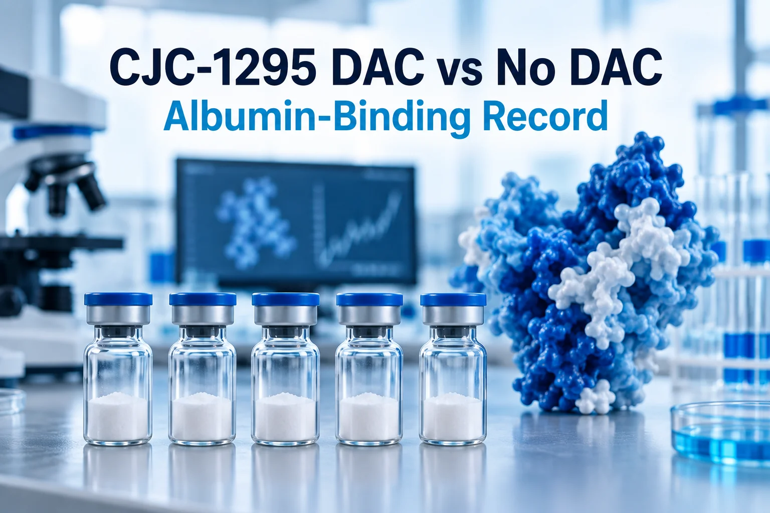 Laboratory workbench with several peptide vials, an albumin-binding pathway card, and concise CJC-1295 DAC comparison text.