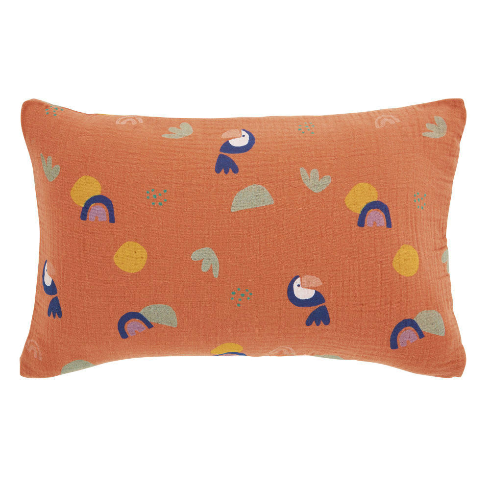 - Coussin en gaze de coton imprimés orange, bleus, verts et jaunes, 25x40