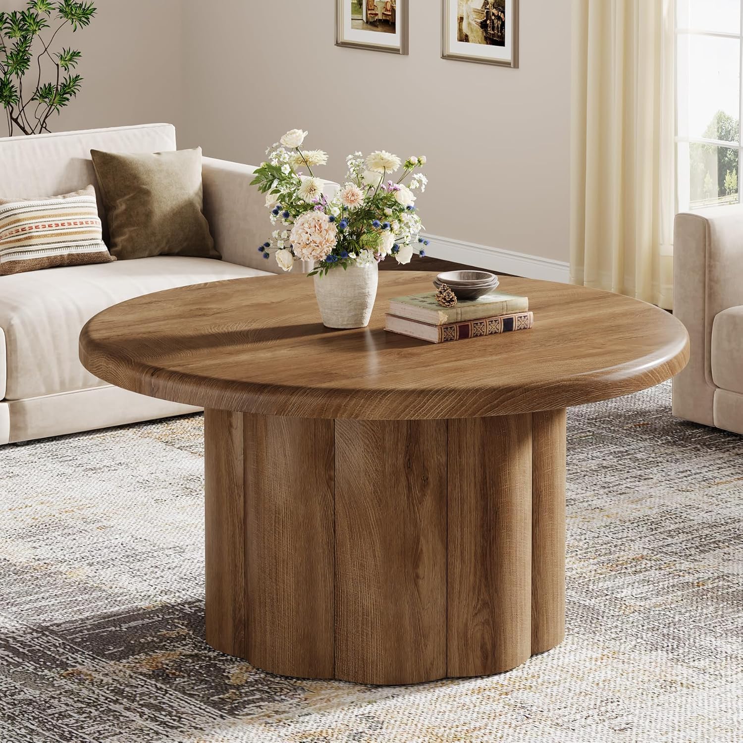 Tribesigns 31.5 Round Coffee Table for Living Room, Farmhouse Circle Center Cocktail Table with Fluted Drum Base, Wooden Living Room Furniture for Apartment, Small Space, Brown