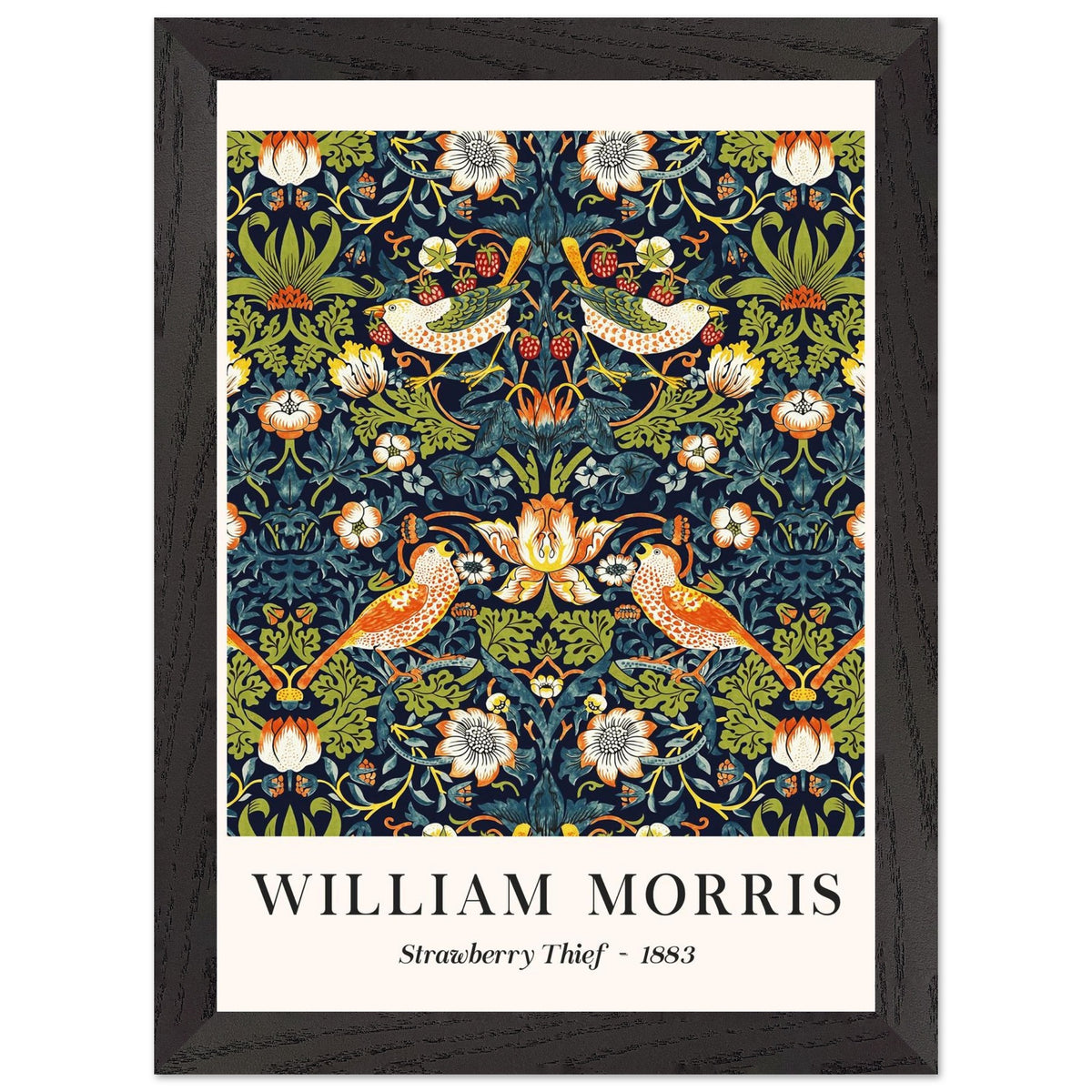 Artfulprints Poster met Lijst William Morris - Strawberry thief  - A4 21x29.7 cm - Donkergroen