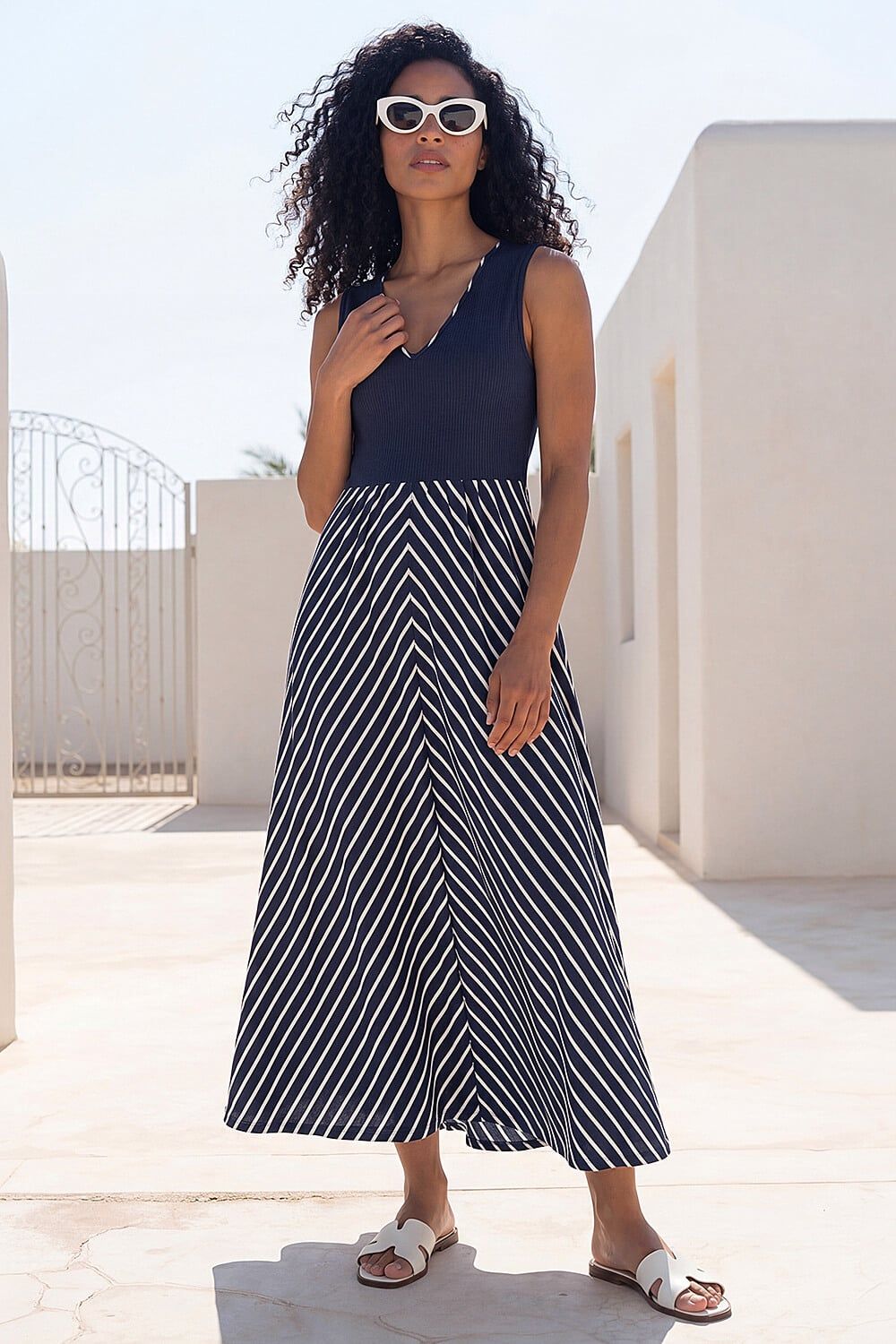 Roman Chevron Print Ribbed Midi Dress