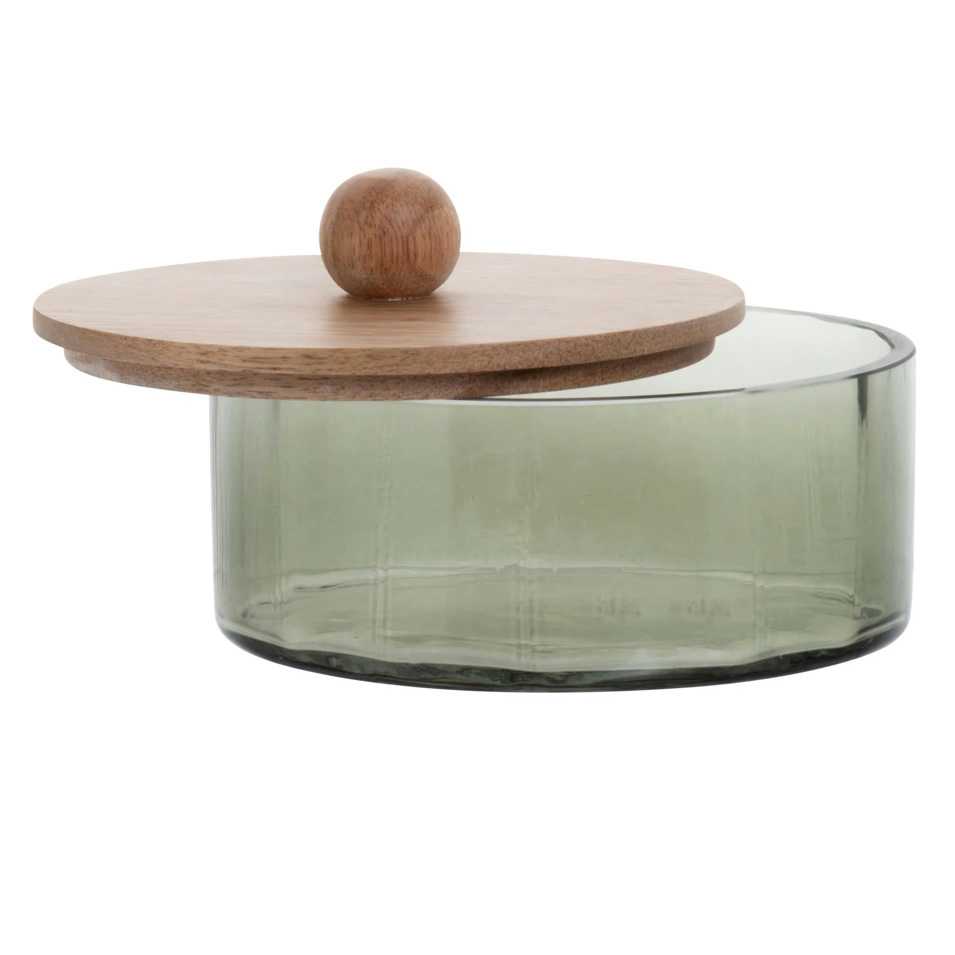 CLEO - Boite décorative ronde en verre vert et couvercle en bois de manguier
