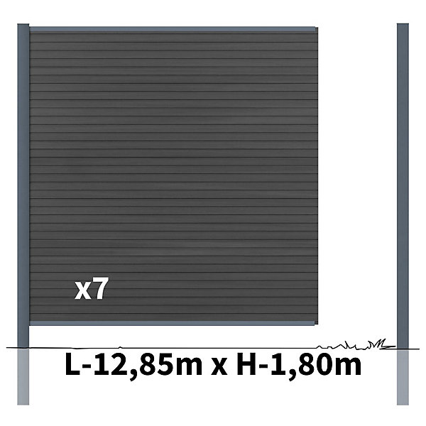 Kit Clôture Bois Composite Ardoise 13x1,8m SANTOS - Poteaux en Aluminium Gris - Brise Vue - Palissade