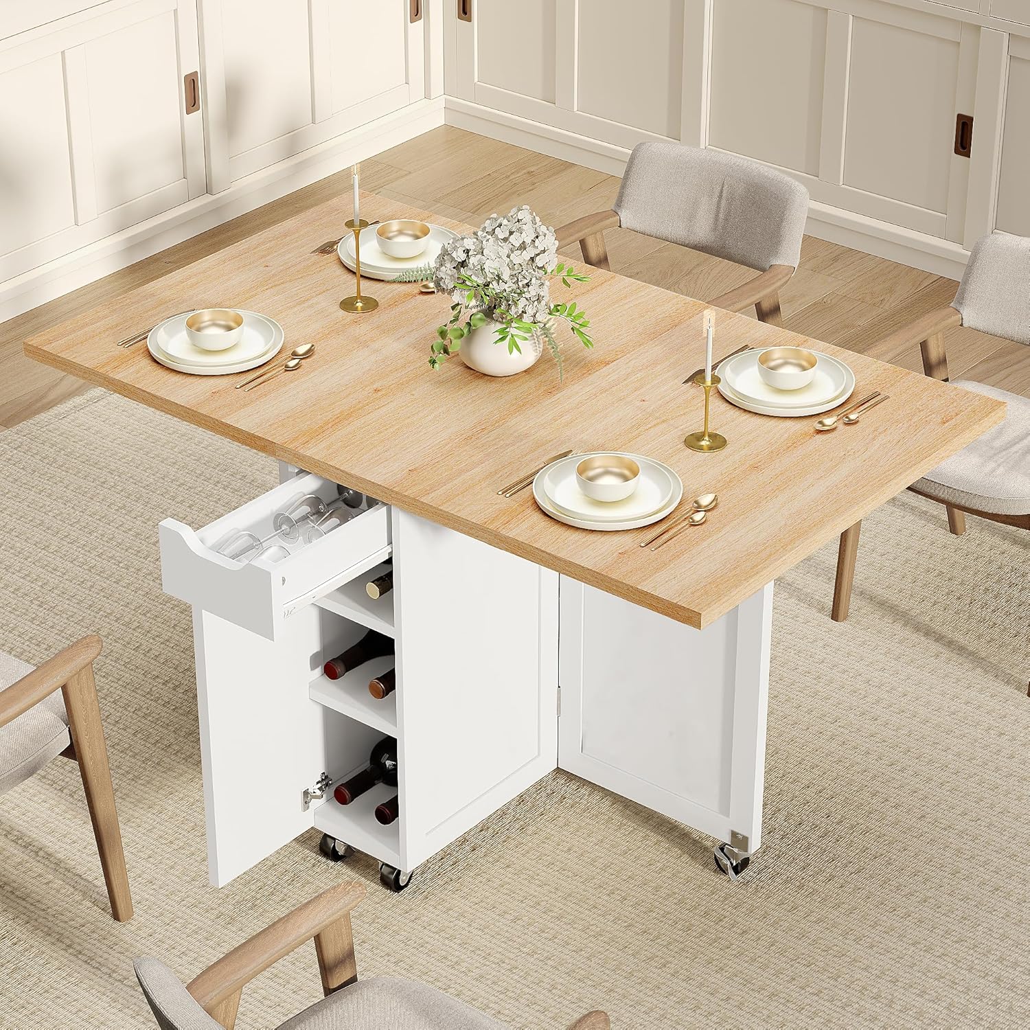 Folding Dining Table with 6 Wheels, Drop Leaf Tables for Small Spaces, Foldable Dining Table with 2-Layer Storage Rack, Kitchen Table with Drawer (Oak)