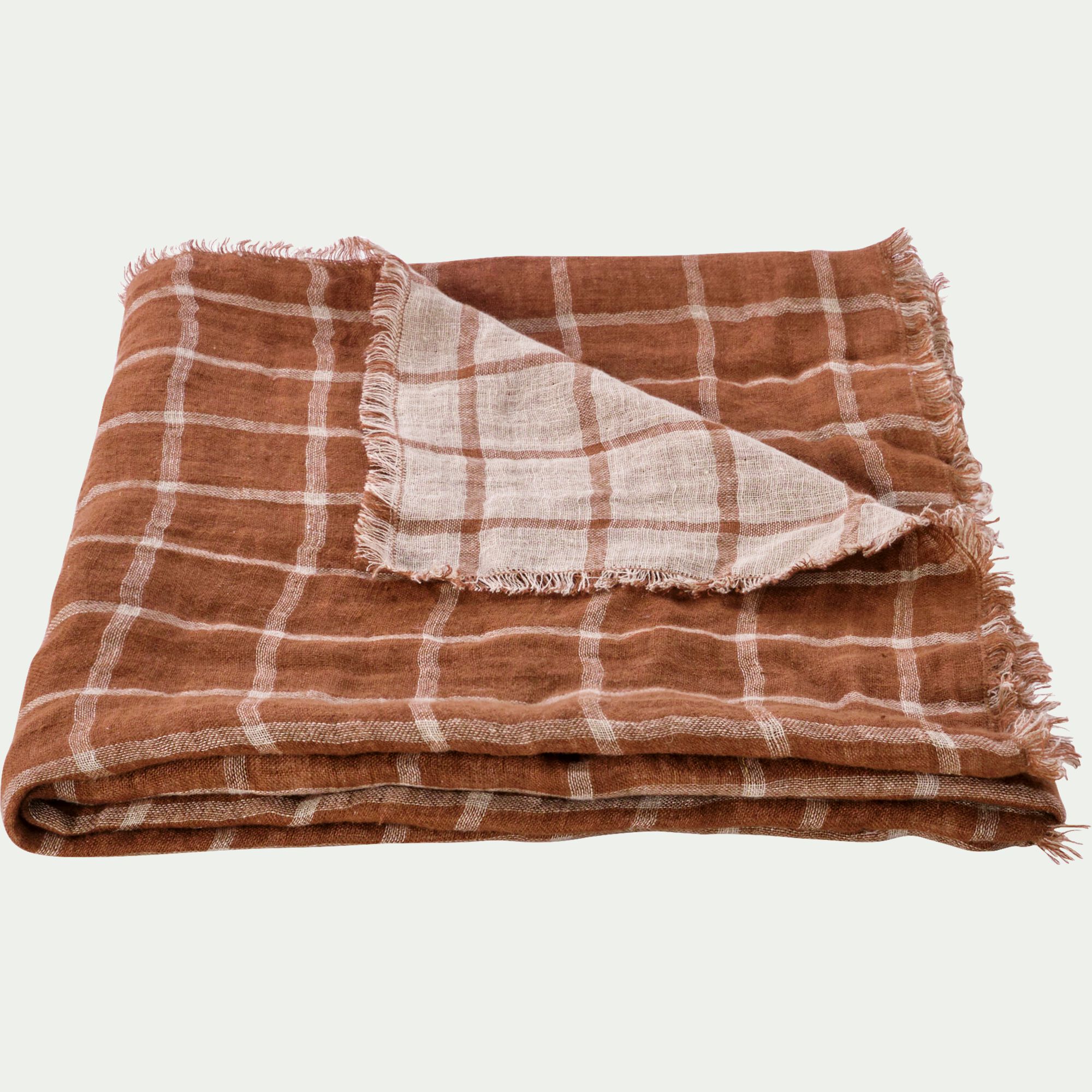 VALBEL - Plaid à carreaux en lin lavé 130x170cm - marron