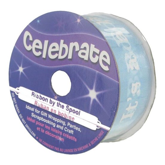 White On Baby Blue It's A Boy Ribbon 25mm x 3m