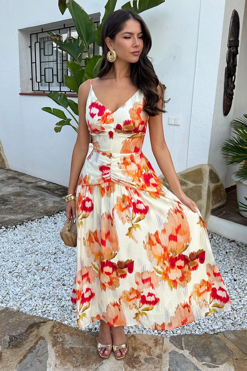 AX Paris Multi Smudge Floral Print Open Back Ruched Detail Midi Dress
