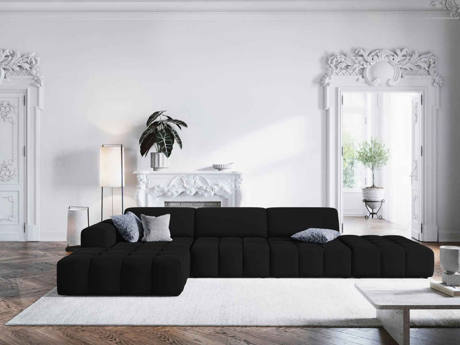 LUC - Canapé d'angle gauche 5 places en tissu velours noir