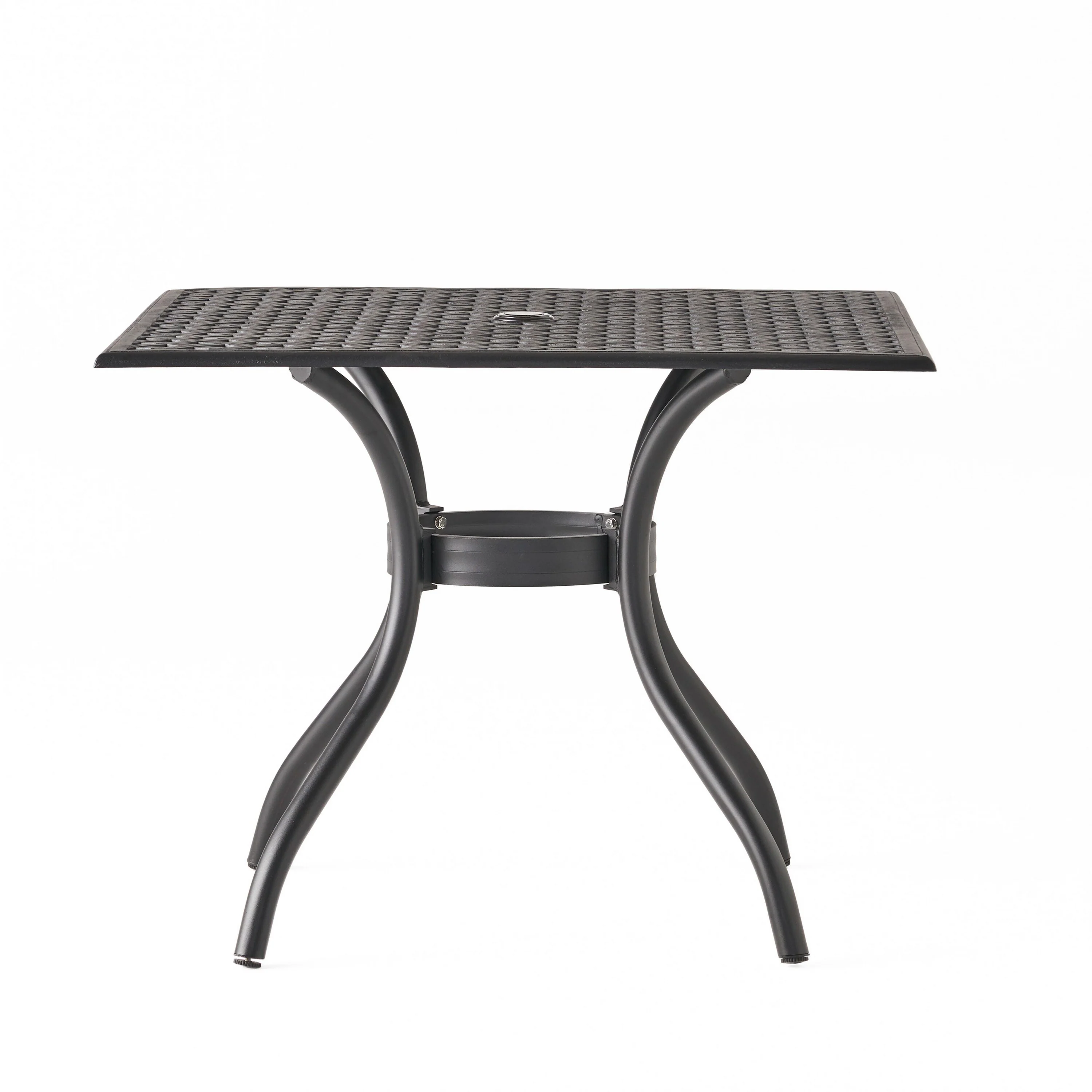 Cay Outdoor Dining Table, 40 Inch Square Top, Black Lattice Metal Design