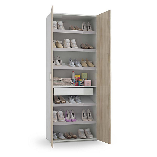 Meuble Polyvalent Et Meuble À Chaussures Blanc Et Orme Avec 6 étagères   1 Tiroir