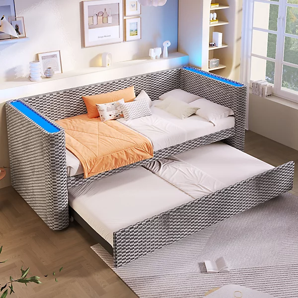 Lit de repos avec bande lumineuse LED, canapé-lit 90 x 200 cm, lit gigogne, sommier à lattes, sans matelas, velours, gris