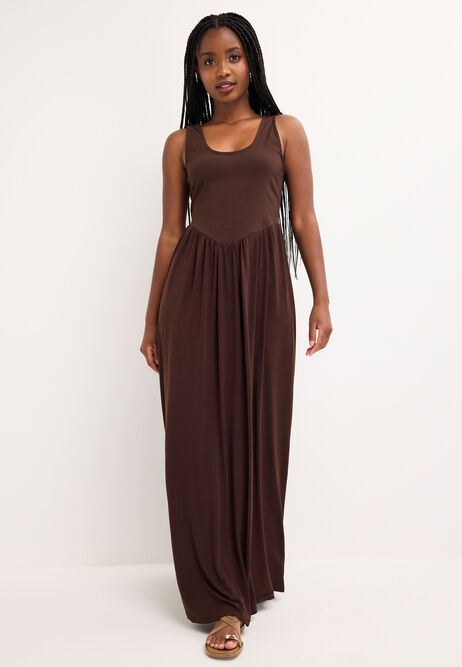 Womens Chocolate Brown Scoop Neck 2-in-1 Midi Dress