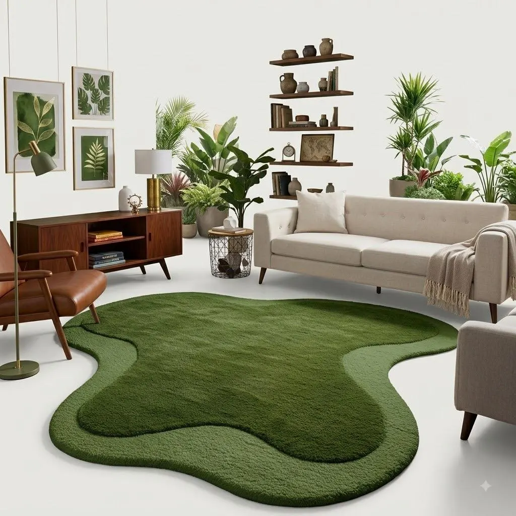 Hand Tufted Wool Moss Green Organic Rug, Modern Nature Inspired Living Room Decor