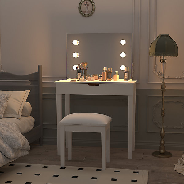 Coiffeuse 100x40x130 cm miroir 6 LED dimmable 3 teintes, prises USB Type C, MDF blanc, tiroirs et tabouret