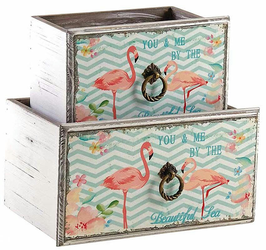 - Corbeille tiroir en bois flamants roses (lot de 2)
