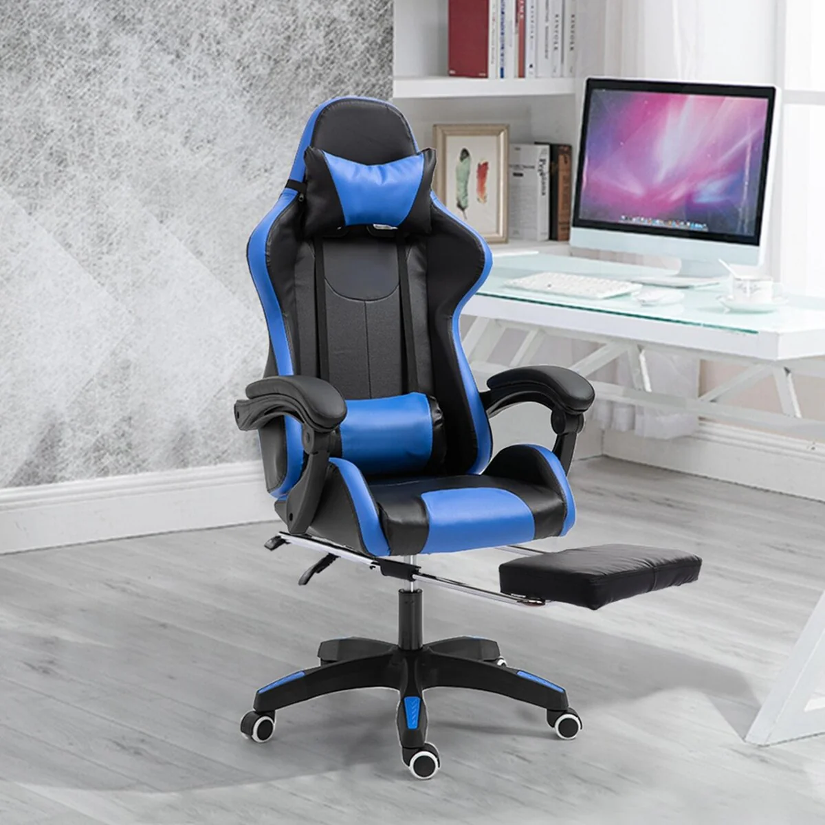 Gaming Chair With Footrest Adjustable Backrest Reclining Leather Office Chair
